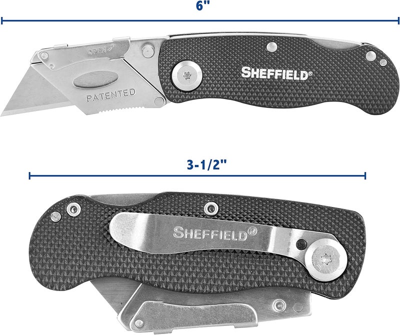 Sheffield Folding Utility Knife, Accepts Standard Utility Knife Blades, Box Cutter Aluminum Handle, Razor Blades Included, For Home, Office, Trades, and Warehouse - Image 2